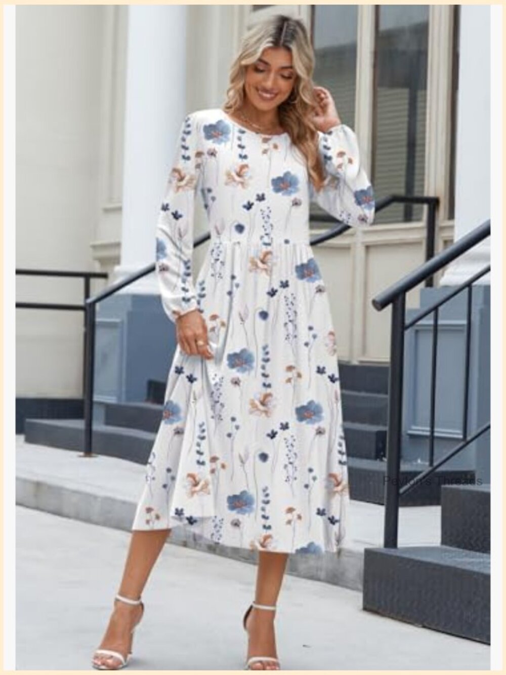 Long Sleeve Flowy A-Line Midi Dress with Pockets - Picture 3 of 7